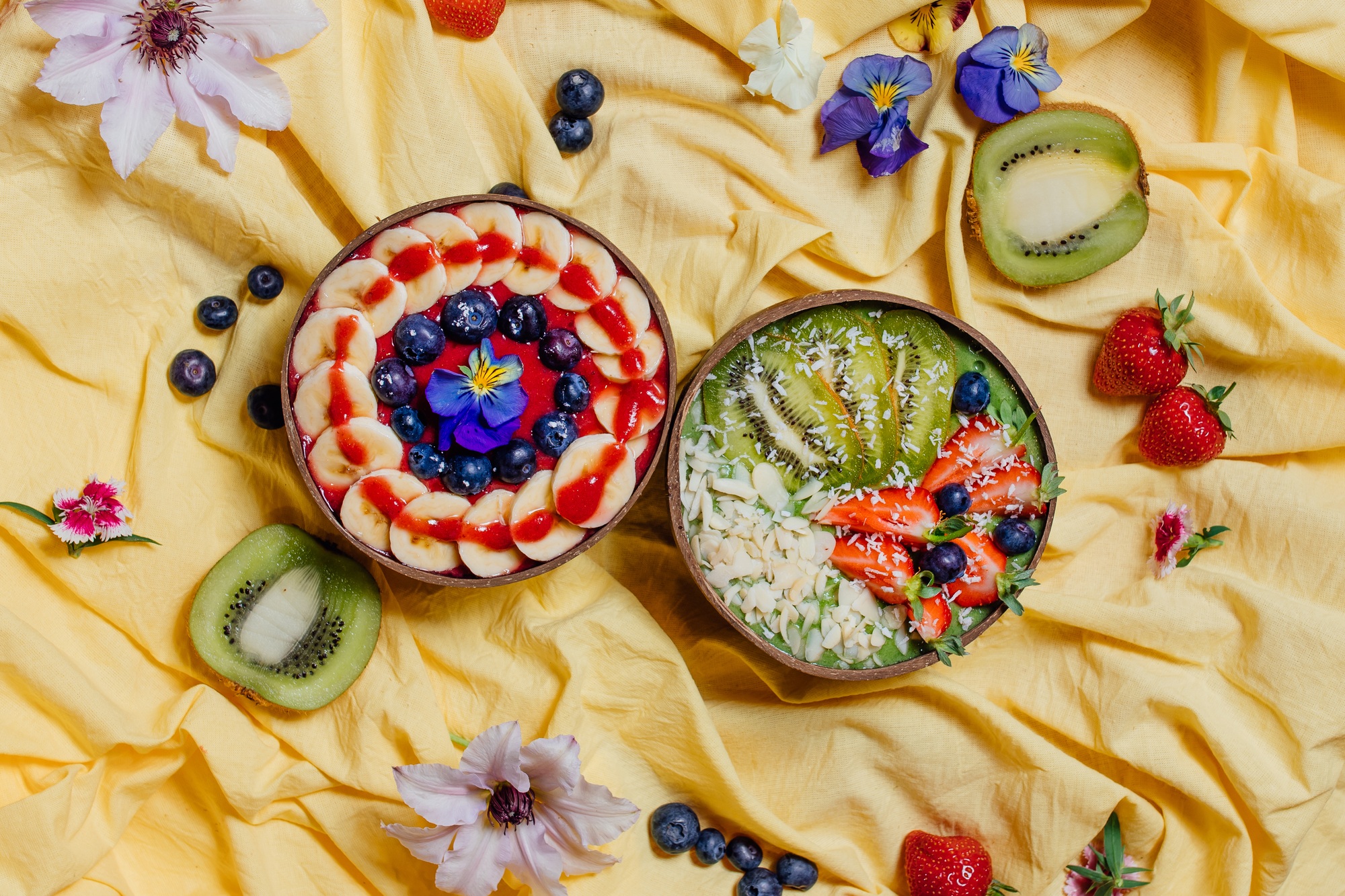 Healthy fruit desserts amidst flowers